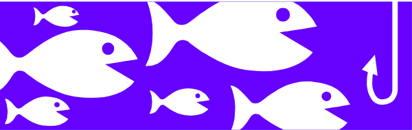 The image shows a purple banner with various fish silhouettes on it against a grey background.