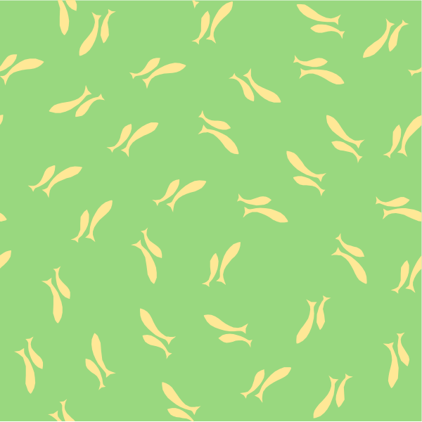 The image shows a pattern of yellow fish on a green background with white dots scattered throughout.