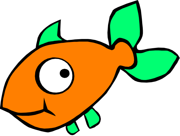 The image shows a cartoon fish with an exaggerated smile swimming against a black background.