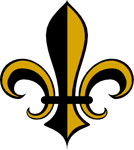 The logo of a fleur de lis on an American flag background with stripes at top left corner.