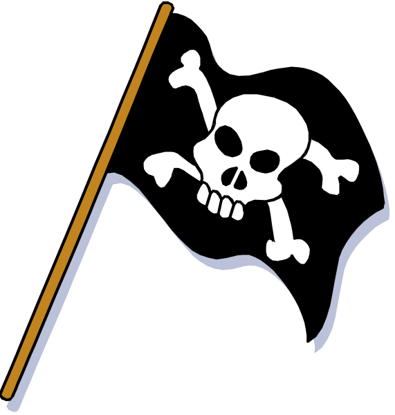 The picture shows a pirate flag with an anchor symbol on it next to what appears to be a wooden plank of wood in front of two crossed swords pointing upwards at each other.