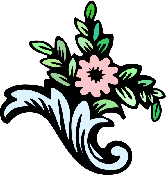 The image shows a stylized floral design with leaves on either side of an emblem featuring what appears to be a flower in full bloom at its center.