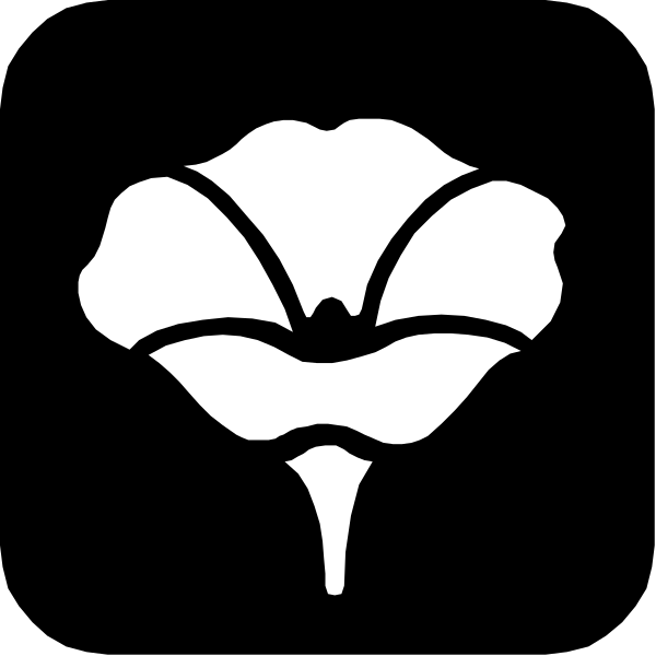 The black and white logo of a flower with five petals arranged around its center is shown against a dark background.
