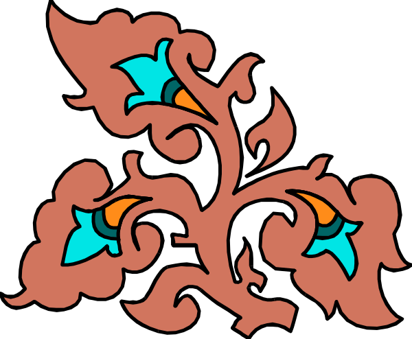 The image shows a stylized floral pattern with red leaves against a black background.