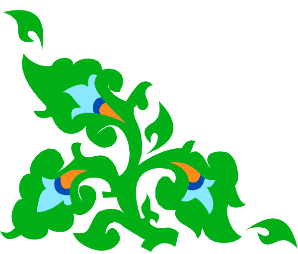 The image shows a stylized floral pattern with three blue flowers at its center against a dark background.