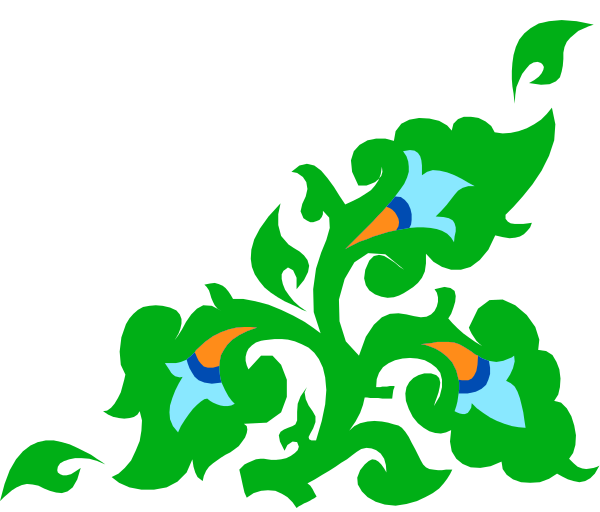The image shows a stylized floral pattern with three blue flowers at its center surrounded by green leaves against a black background.