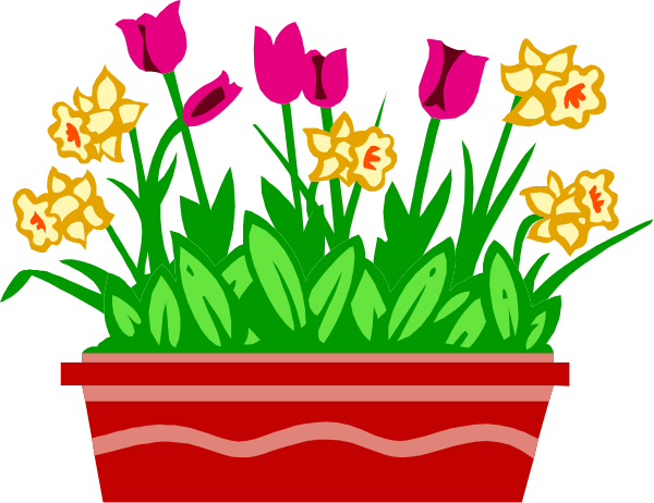 The image shows a colorful bouquet of flowers with daffodils prominently displayed inside an orange pot on top of green grass in front of purple tulips against a black background.