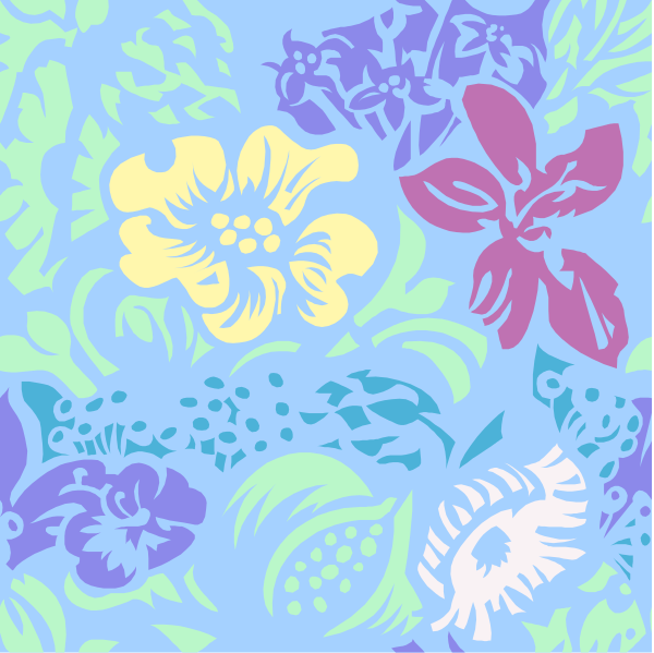 The image shows a pattern of floral designs with various shapes like flowers and leaves on it against a blue background.