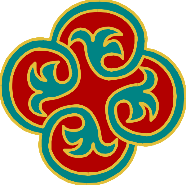 The image shows a red circular emblem with two intertwined blue designs that resemble stylized flowers within it on either side of an abstract shape in between them; there is no text present.