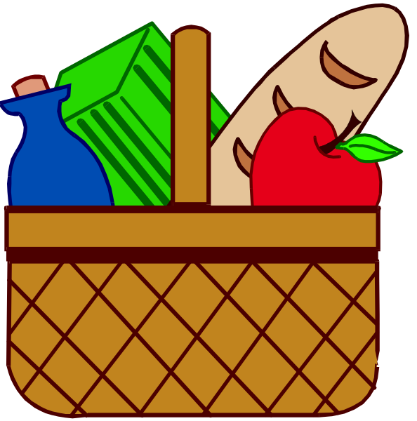 The image shows two cartoon baskets filled with various items such as food products like apples, bananas, bread loaves, a bottle of milk, bottles labeled "dish soap" and "cleaning supplies," cleaning tools including brooms and mops, toiletries like toothbrushes and shampoo bottles. The basket on the left is fuller than the one on the right which has fewer items in it.