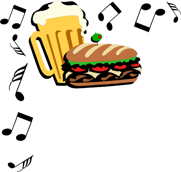 The illustration shows a sandwich on top of an open book with two pages facing each other; to its right is a beer mug filled halfway up with frothy liquid.