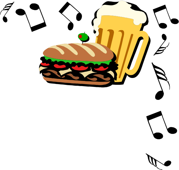 The image shows a cartoon of an open sandwich with meat on top next to a mug filled with beer.