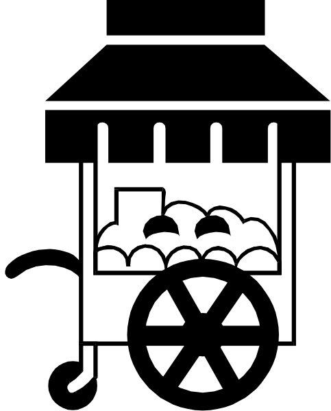The black and white photo shows a cartoon of an ice cream truck with many scoops on top driving down a street at nighttime.