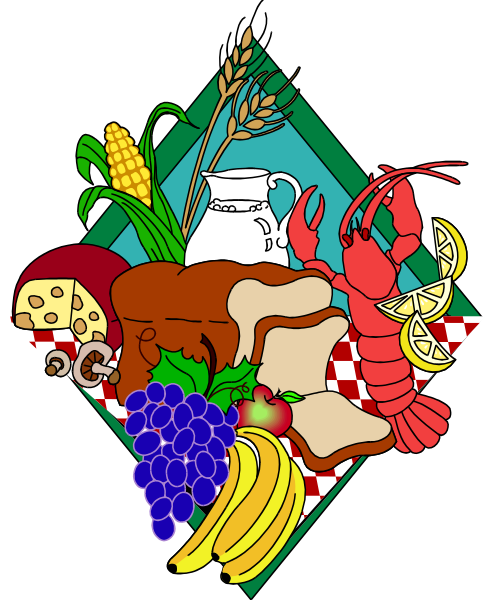 The image depicts a colorful illustration of various food items including fruits like bananas and apples, vegetables such as corn on cob, bread loaves with butterflies around them, lobster claws holding up an assortment of seafood, grapes in bunches, eggs, milk jugs, cheese wedges, a pitcher filled to the brim. The background is blue sky and green grassy field under which there are two cows grazing peacefully.