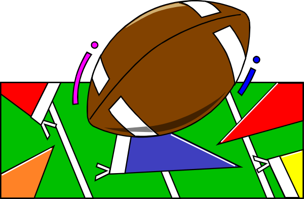 The image shows a football flying through midair with various flags surrounding it against an abstract background that resembles a sports field patterned in red white blue yellow green orange pink purple black gray brown beige tan cream and light grey tones, suggesting movement of the ball across different colored areas which could represent goals or zones.