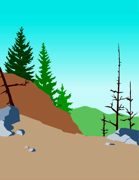 The image shows a tranquil forest scene with pine trees on top of hills under an overcast sky.