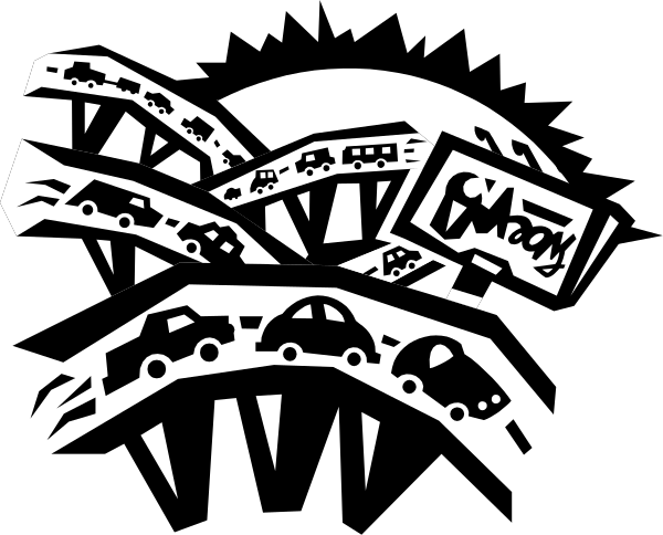 The black and white silhouette of a cityscape with cars on roads at nighttime.