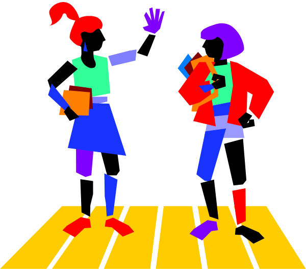 The image shows a colorful cartoon of two animated figures dancing on what appears to be a wooden floor with yellow lines indicating boundaries for movement; one figure is wearing blue shorts while holding an object that resembles a microphone, and both characters have red hair styled in ponytails or buns.