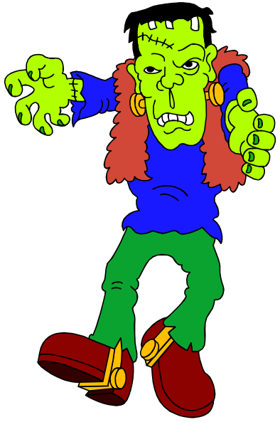 The image shows a cartoon of an animated character with exaggerated features such as large eyes, big teeth, green skin, red hair in dreadlocks, wearing blue jeans, standing on one leg while holding onto its other foot and looking to the side.