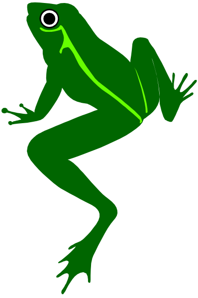 The image shows a green frog with white spots on its back against a black background.
