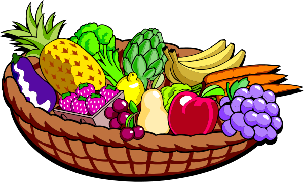 The image shows a colorful cartoon basket filled with various fruits and vegetables such as bananas, carrots, broccoli, strawberries, pineapple, apples, grapes, pears, peaches, plums, onions, garlic, eggs, bread loaves, cheese wedges, milk bottles, juice boxes, a bottle of soda or water, and some other items. The basket is placed in front of an Easter bunny figure with long ears sitting next to it.