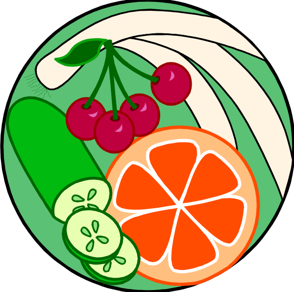 The illustration depicts a colorful assortment of fruits including cherries, an orange slice with seeds showing on its surface, watermelon slices, cucumber, lemon wedges, strawberries and kiwi fruit arranged in circular fashion around each other against a black background.