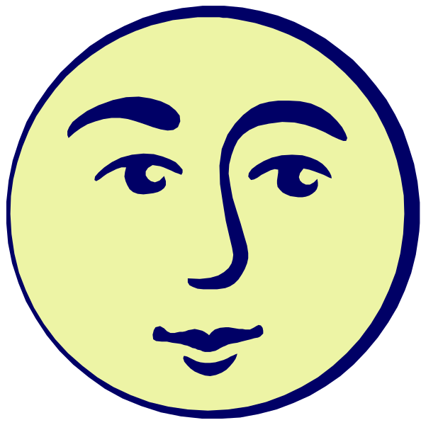 The image shows a blue moon with two faces on it: one smiling face at nighttime (left) and another frowning face during daylight hours (right).