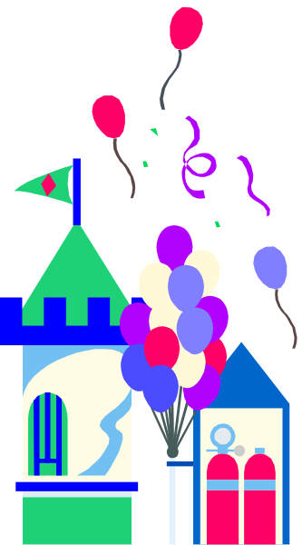 The image shows a colorful illustration of balloons floating above buildings with fire hydrants on them against an evening sky background featuring silhouettes of trees under what appears to be stars; there is also text that reads "Happy Birthday" and other party-related items like confetti.