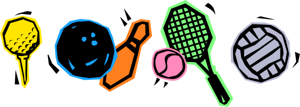 The image shows a collection of sports equipment including tennis rackets, balls, volleyballs, badminton shuttlecocks, ping-pong paddles, gymnastics rings, and other items related to various games and activities.