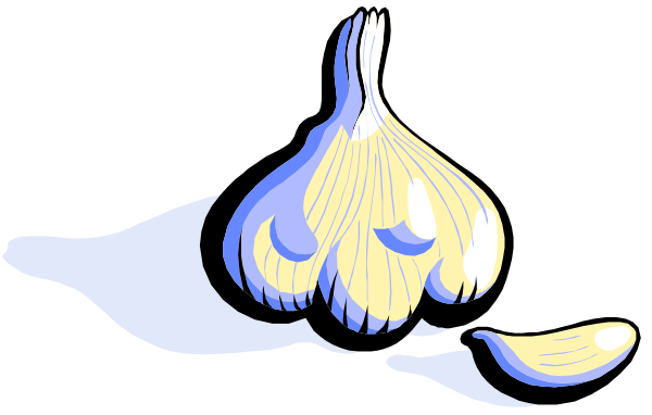 The image shows a cartoon of garlic bulbs with green stems on top against a black background.