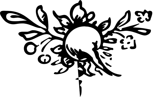The black and white image shows a stylized floral pattern with intricate designs resembling leaves and branches against an empty background.