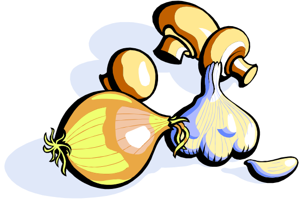 The illustration shows a cartoon depiction of garlic bulbs with cloves still attached to them on top of an unseen surface in what appears to be a kitchen environment.