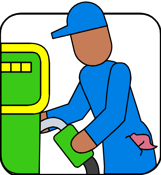 The illustration shows a person wearing blue attire operating an automated gas pump at nighttime with no visible branding on it; there is also another figure in white standing next to them who appears to be holding something small and pink, possibly food for consumption while working or waiting.