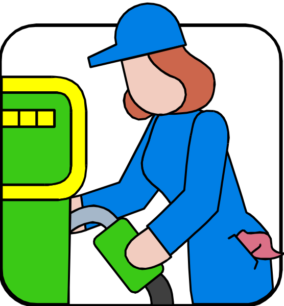 The illustration depicts a woman wearing blue attire standing next to an ATM machine with her hand on it while she is pumping gas into another vehicle through its fuel tank opening.