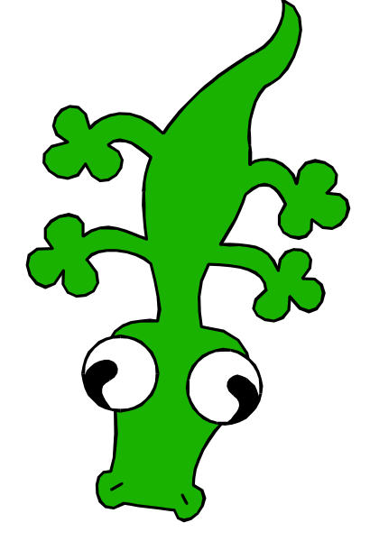 The image shows a green cartoon character with large eyes that resembles an alien creature standing upright on two legs against a black background.