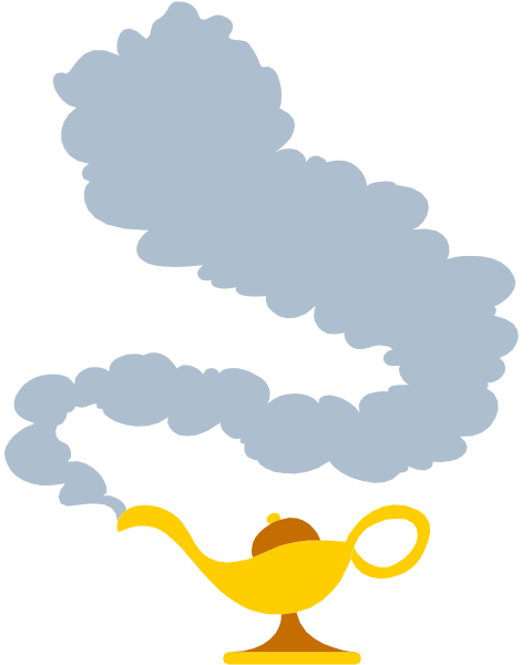The image shows a cartoon of an enchanted smoke with swirls rising from it to form clouds around a golden lamp that is emitting steam into the air above a blue background.