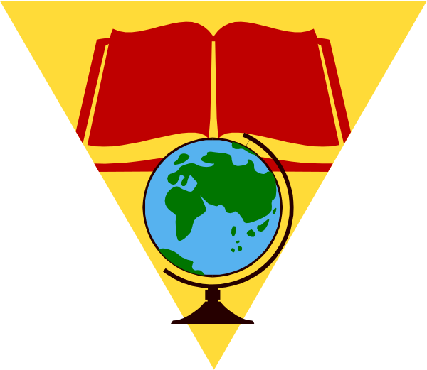 The image shows a stylized graphic with an open book on top of what appears to be a globe at its center, flanked by two triangles pointing upwards; one triangle has a red background while the other is black and white.