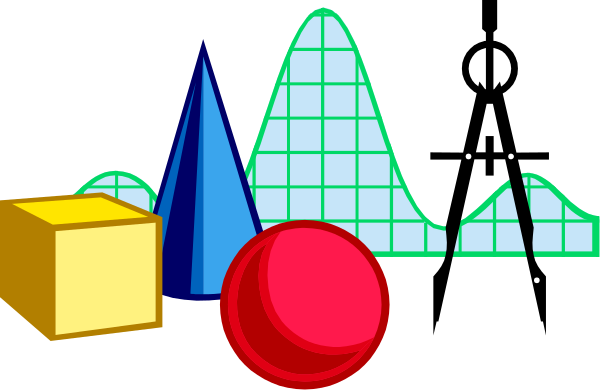 The image shows a collection of colorful geometric shapes including cubes, spheres, cones, pyramids, cylinders, and other abstract forms against a dark background with some faint outlines that resemble mountains in silhouette form on top right corner.