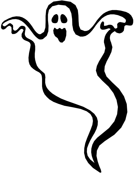 The image shows a black silhouette of a ghost with outstretched arms against a white background on an advertisement for Halloween costumes.