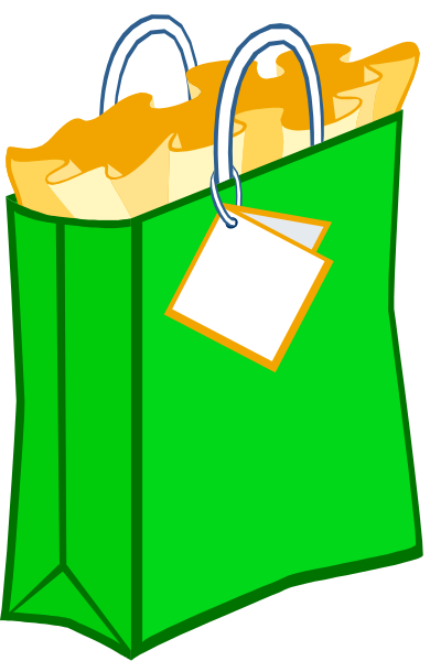 The image shows a green shopping bag with handles on top of it containing what appears to be food items such as fries and possibly other snacks; there is also an attached tag that resembles a price label, but no text can be read from this angle or resolution.