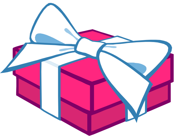 The image shows a pink gift box with an oversized white bow on top of it against a dark background.