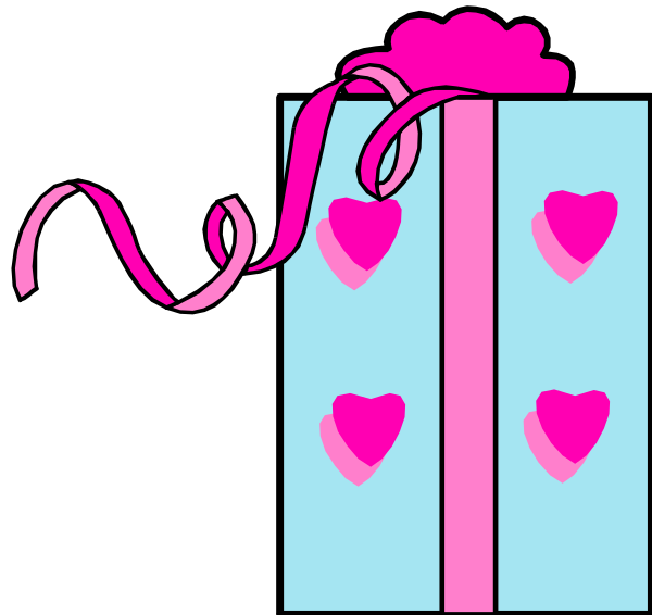 The image shows a pink gift box with hearts on it tied together by ribbon against a black background.