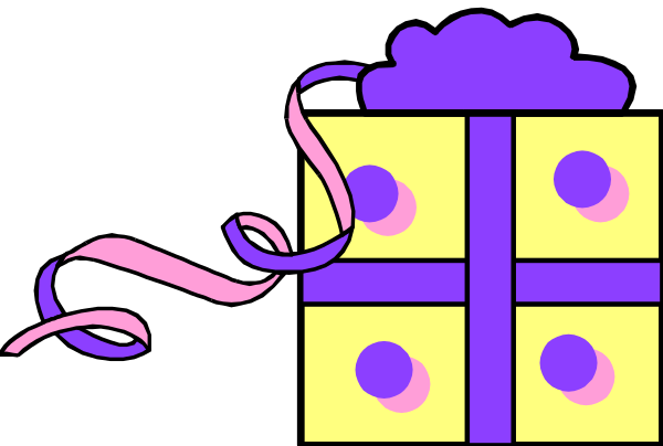 The image shows a purple gift box with ribbons tied around it against a black background; there is no text present in this clip-art illustration.