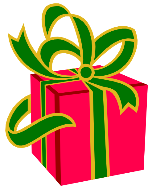 The image shows a gift box with a red ribbon on top of it against a black background.