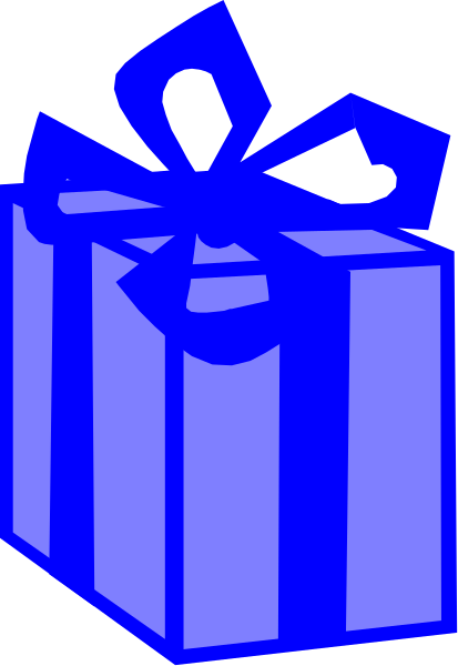 The image shows a blue gift box with white ribbon on it against a gray background.