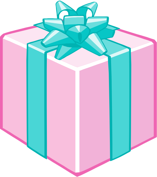 The image shows a pink gift box with blue ribbon tied around it against an unseen background.