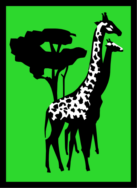 The image shows a black silhouette of two giraffes standing next to each other with trees behind them on what appears to be an outdoor background in green coloring.