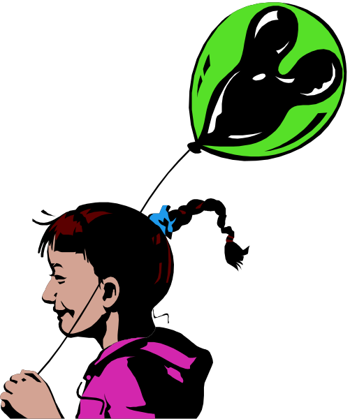 The black and white illustration shows a young girl with ponytails looking up at an alien spacecraft that has landed in her backyard; she is holding onto balloons as if ready to let them go into the sky, which appears dark but for one glowing green planet visible above the craft.