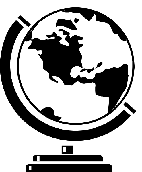 The black and white silhouette of a globe with continents visible against an outer space background.