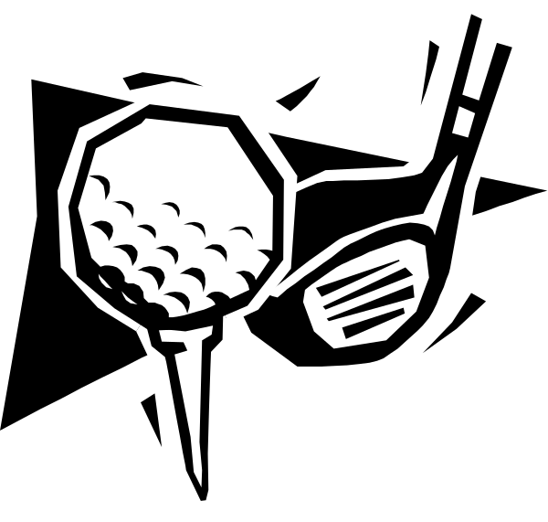 The image shows a cartoon of an older man wearing sunglasses standing with his hands on hips while holding golf clubs in each hand; he is dressed casually in green pants and purple shirt.